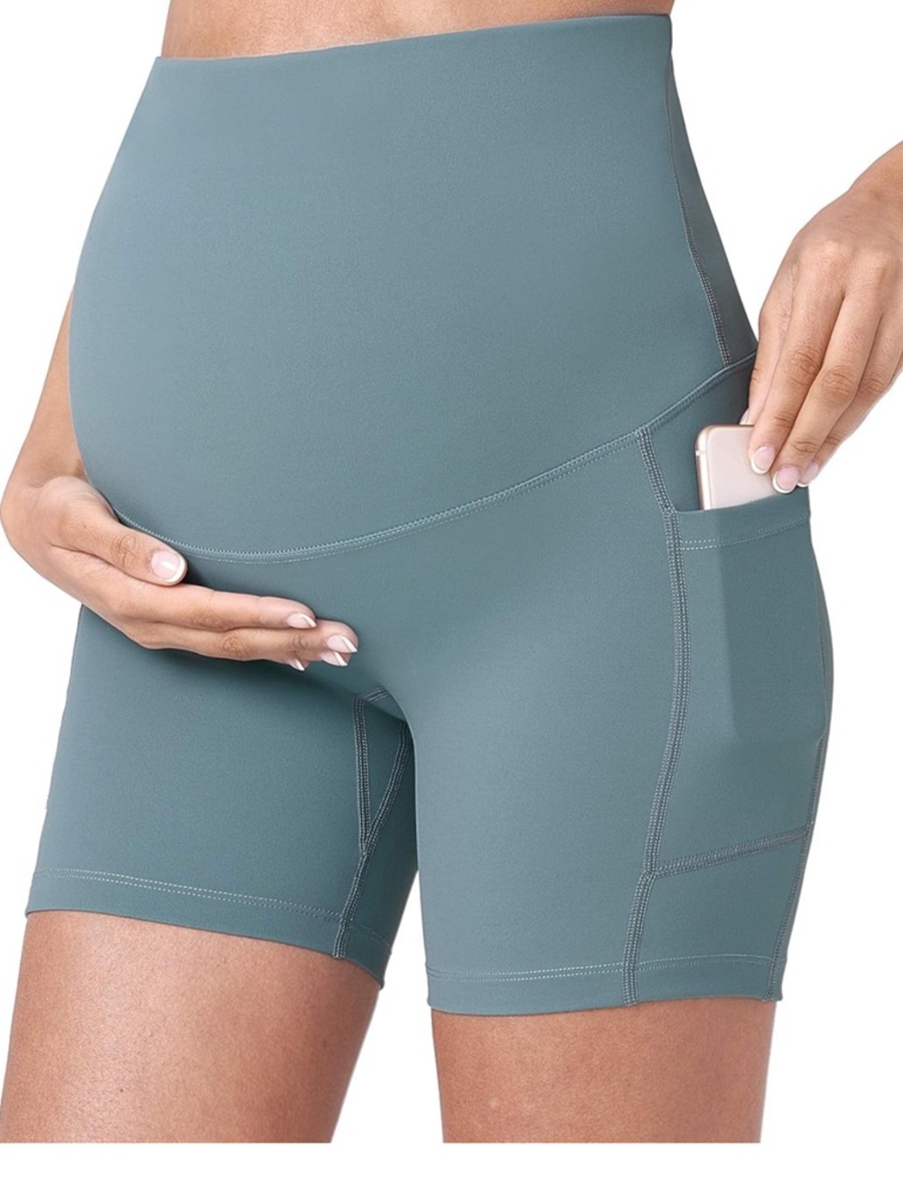 High-Waist Maternity Bike Shorts with Phone Pocket — Dusty Teal